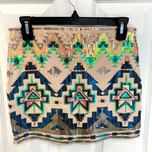 Express Aztec Western Sequin Peach Multicolor Lined Mini Skirt Women’s Size XS - Picture 2 of 6